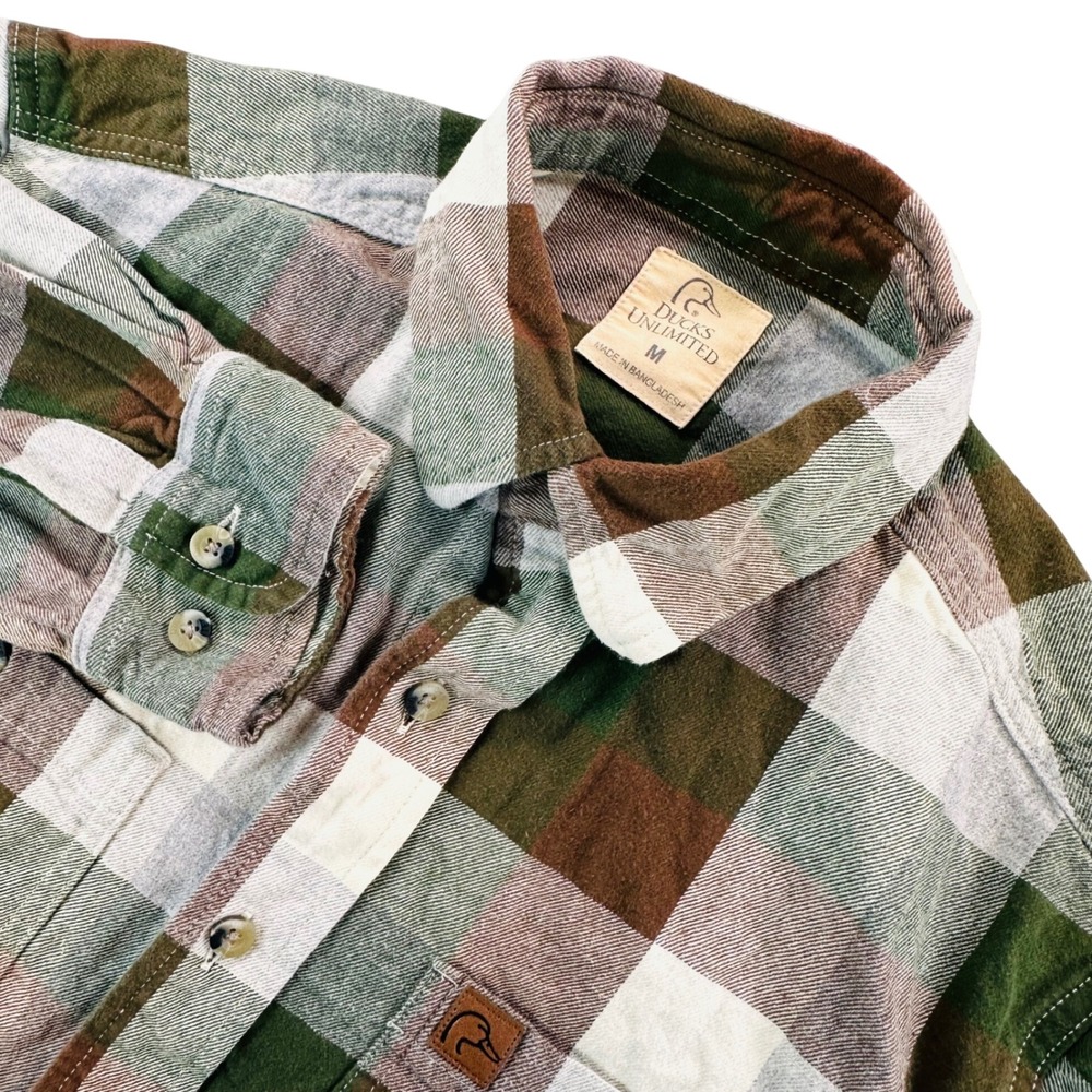 Ducks Unlimited Flannel Button Down Shirt Mens M Green Brown Plaid Heavy Outdoor